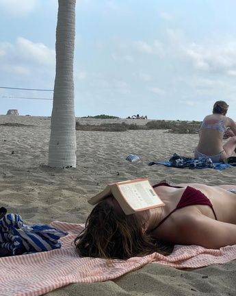 Teagan Croft sleeping in red bikini